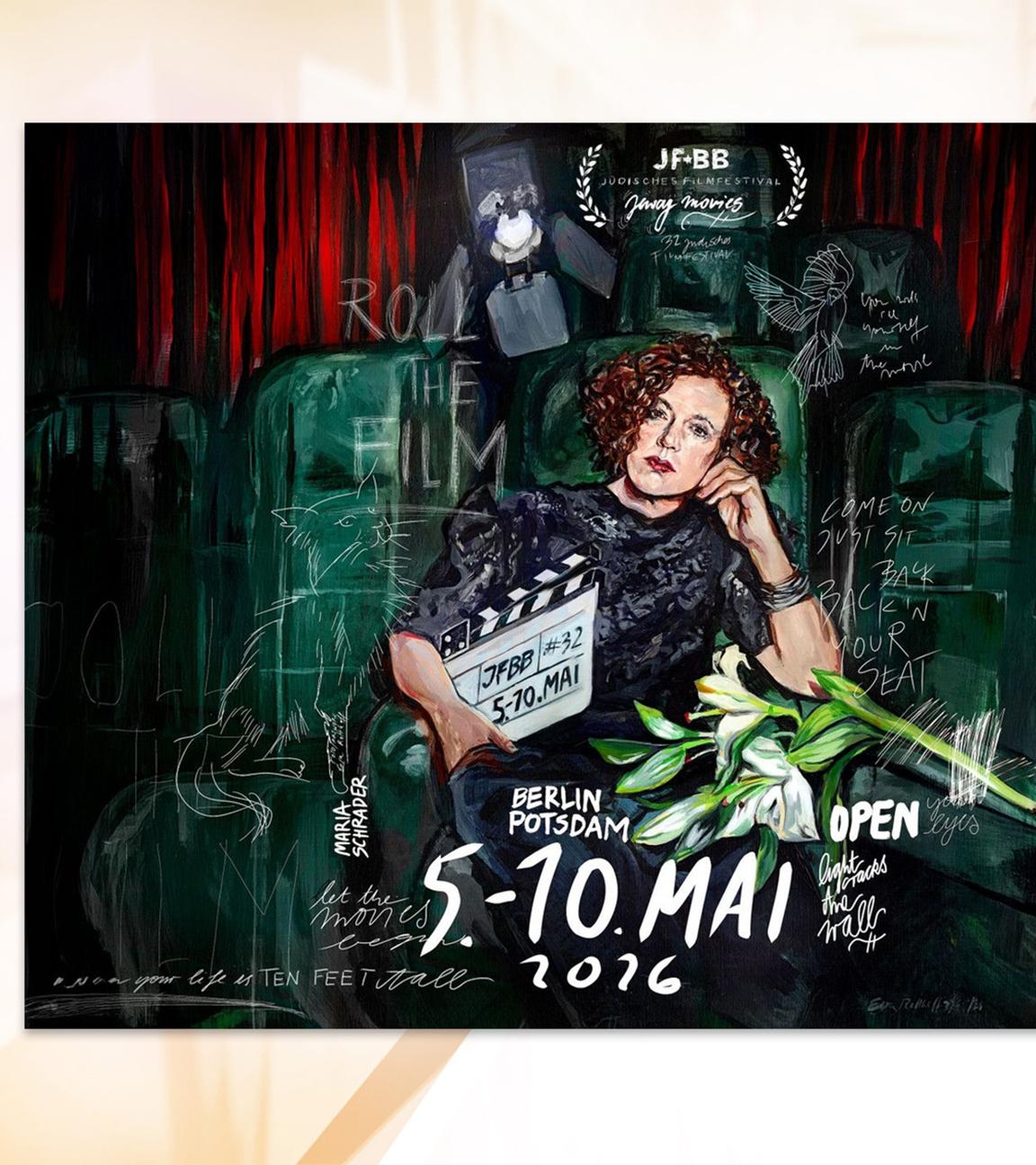 Auf dfem Plakat sieht man die Illustration einer Frau, die in einem Sessel sitzt und eine Filmklappe im Arm hält.