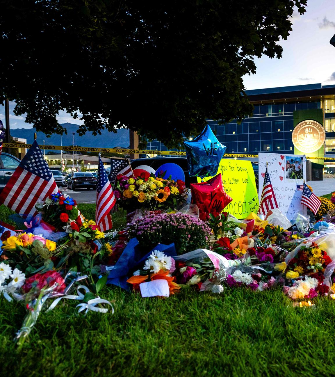 A memorial sits in front of Utah Valley University following the fatal shooting of political activist Charlie Kirk during an event at the campus