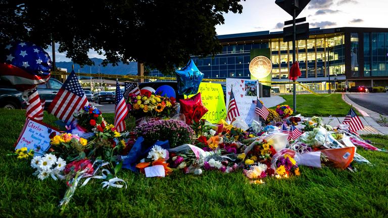 A memorial sits in front of Utah Valley University following the fatal shooting of political activist Charlie Kirk during an event at the campus