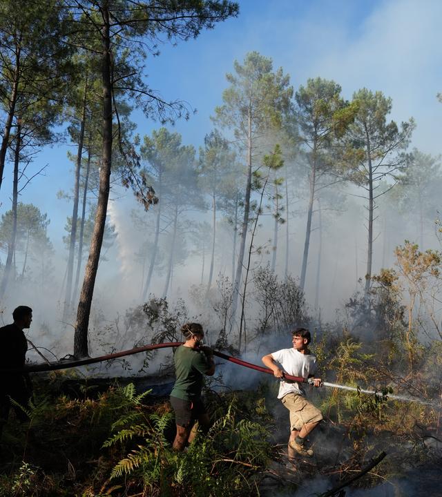 Eine Gruppe hält einen Feuerwehrschlauch in der Hand und versucht ein Feuer in der Nähe von Lacanau zu löschen, während außerhalb von Bordeaux Waldbrände wüten. 