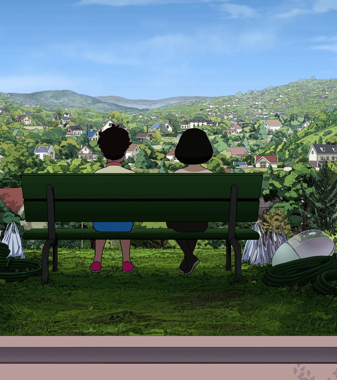 Man sieht die Illustration zweier Personen von hinten, die auf einer Bank vor einer Landschaft mit Häusern sitzen.
