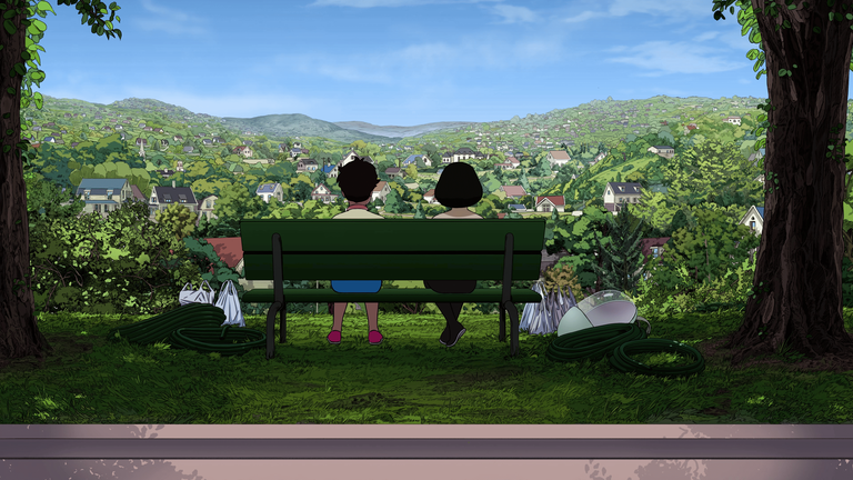Man sieht die Illustration zweier Personen von hinten, die auf einer Bank vor einer Landschaft mit Häusern sitzen.