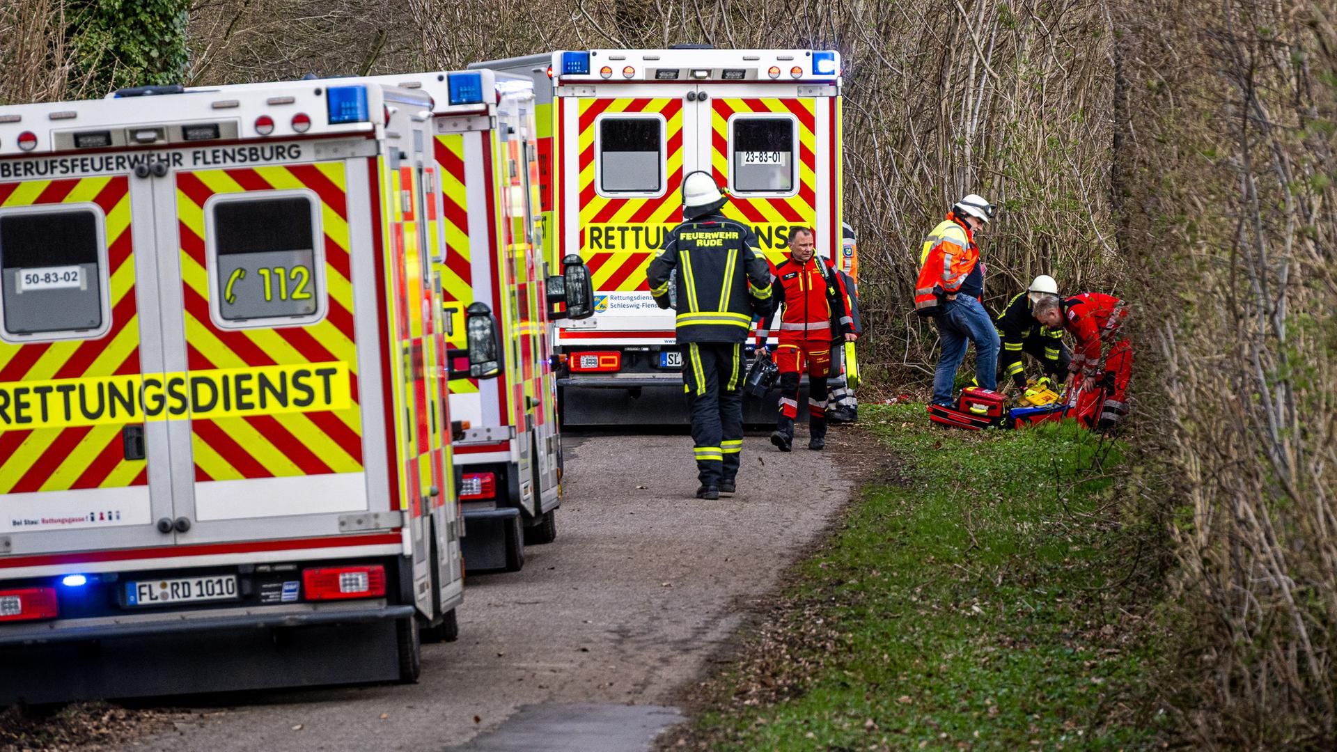 Rettungskräfte sind nach einem Unglück in einem Waldstück südöstlich von Flensburg im Einsatz. Bei einem Unglück sind am Ostersonntag drei Menschen ums Leben gekommen, darunter eine Mutter und ihr Baby. Ein etwa 30 Meter hoher Baum war in der Gemeinde Mittelangeln bei starken Windböen auf eine Gruppe gestürzt, wie die Polizei berichtete. Vier Menschen wurden unter dem Baum eingeklemmt.