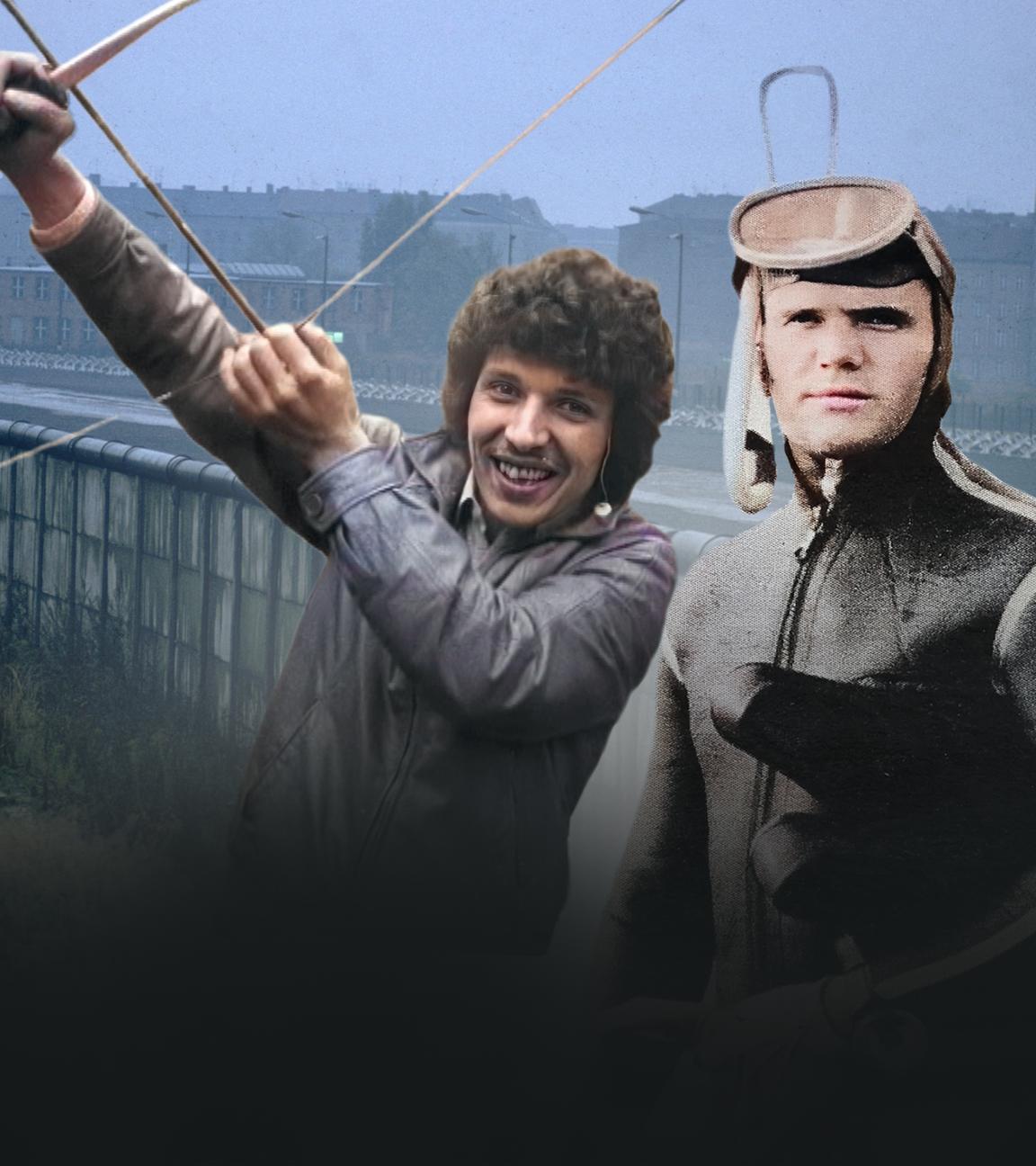 Collage: Zwei DDR-Flüchtlinge, einer mit Pfeil und Bogen, einer im Taucheranzug. Im Hintergrund ein Abschnitt der Berliner Mauer aus der Vogelperspektive