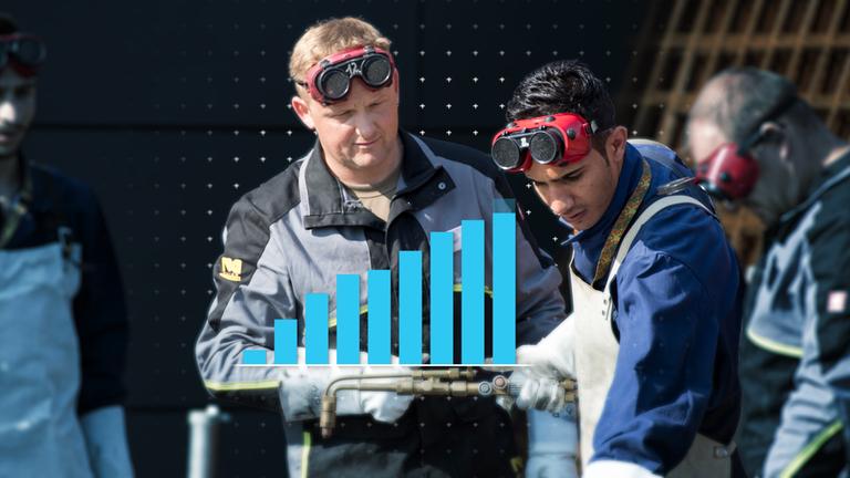 Ein Balkendiagramm liegt auf einem Bild von zwei Männern mit Schutzbrillen.