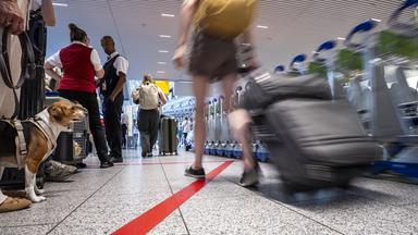 Ein Hund steht mit seinen Besitzern in einer langen Schlange im Terminal 1 des Rheinmain-Flughafens an.