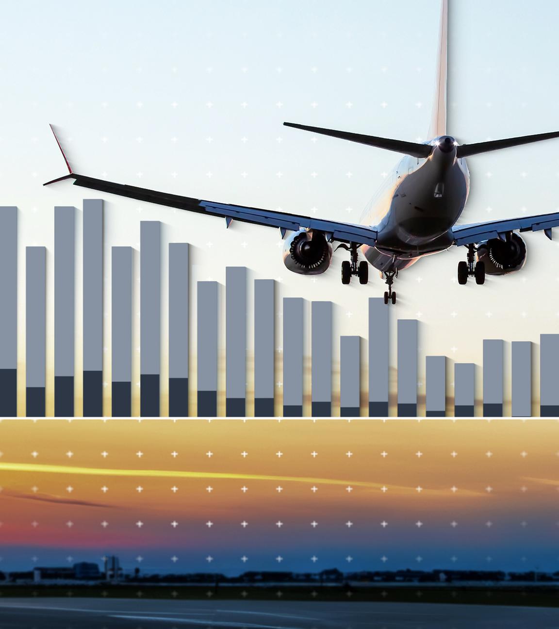 Ein Flugzeug fliegt über einer Start- und Landebahn. Zu sehen ist außerdem eine Grafik.