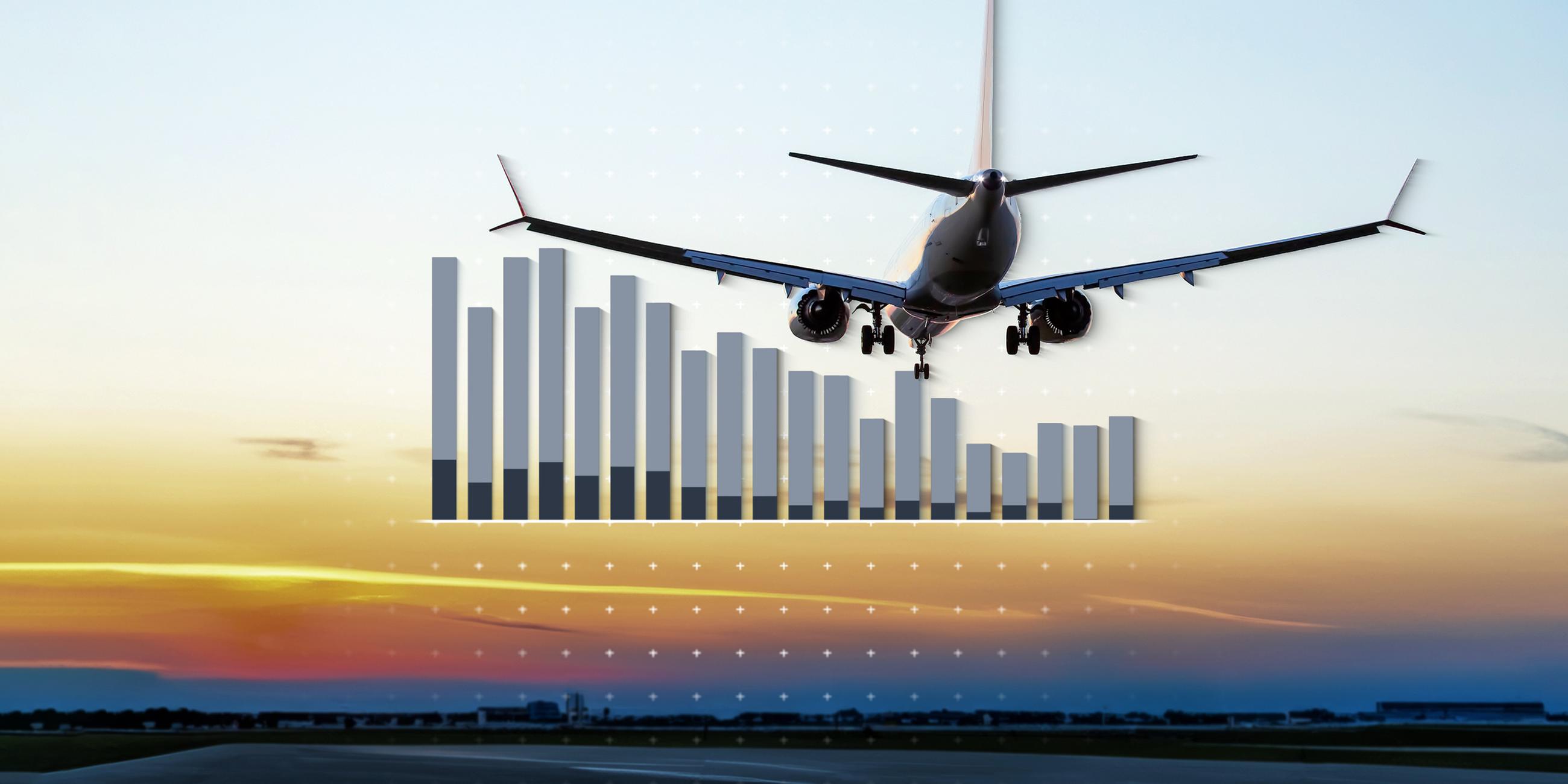 Ein Flugzeug fliegt über einer Start- und Landebahn. Zu sehen ist außerdem eine Grafik.