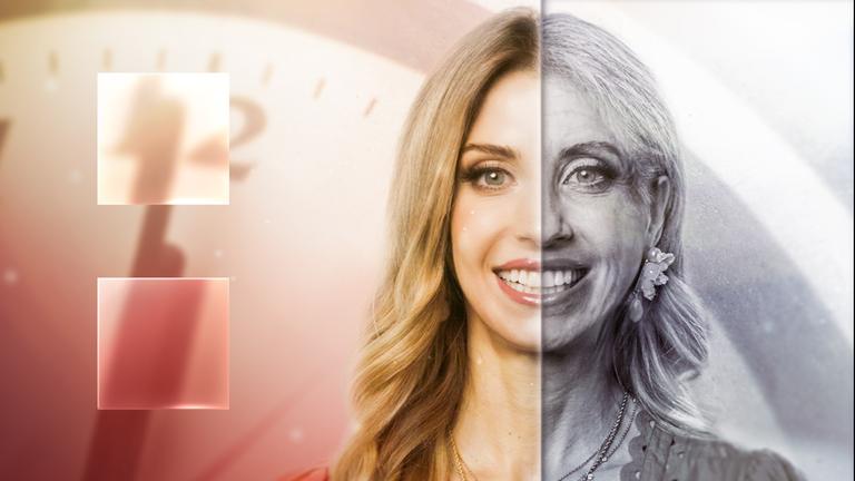 Cathy Hummels auf der linken Seite mit aktuellem Gesicht und auf der rechten Seite mit gealtertem Gesicht 