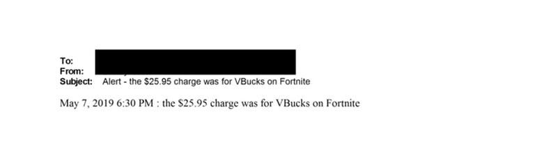 Der Screenshot zeigt eine Mail aus den Epstein-Files. Dort schreibt eine unbekannte Person am 7. Mai 2019 einer anderen unbekannten Person: "Die Gebühr von 25,95 US-Dollar war für VBucks auf Fortnite."
