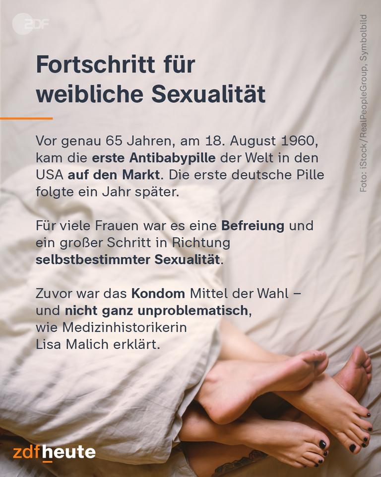 Ein Paar liegt unter einer weißen Decke – ein Symbol für Intimität und Sexualität. Der Text informiert über die Markteinführung der ersten Antibabypille am 18. August 1960 in den USA.