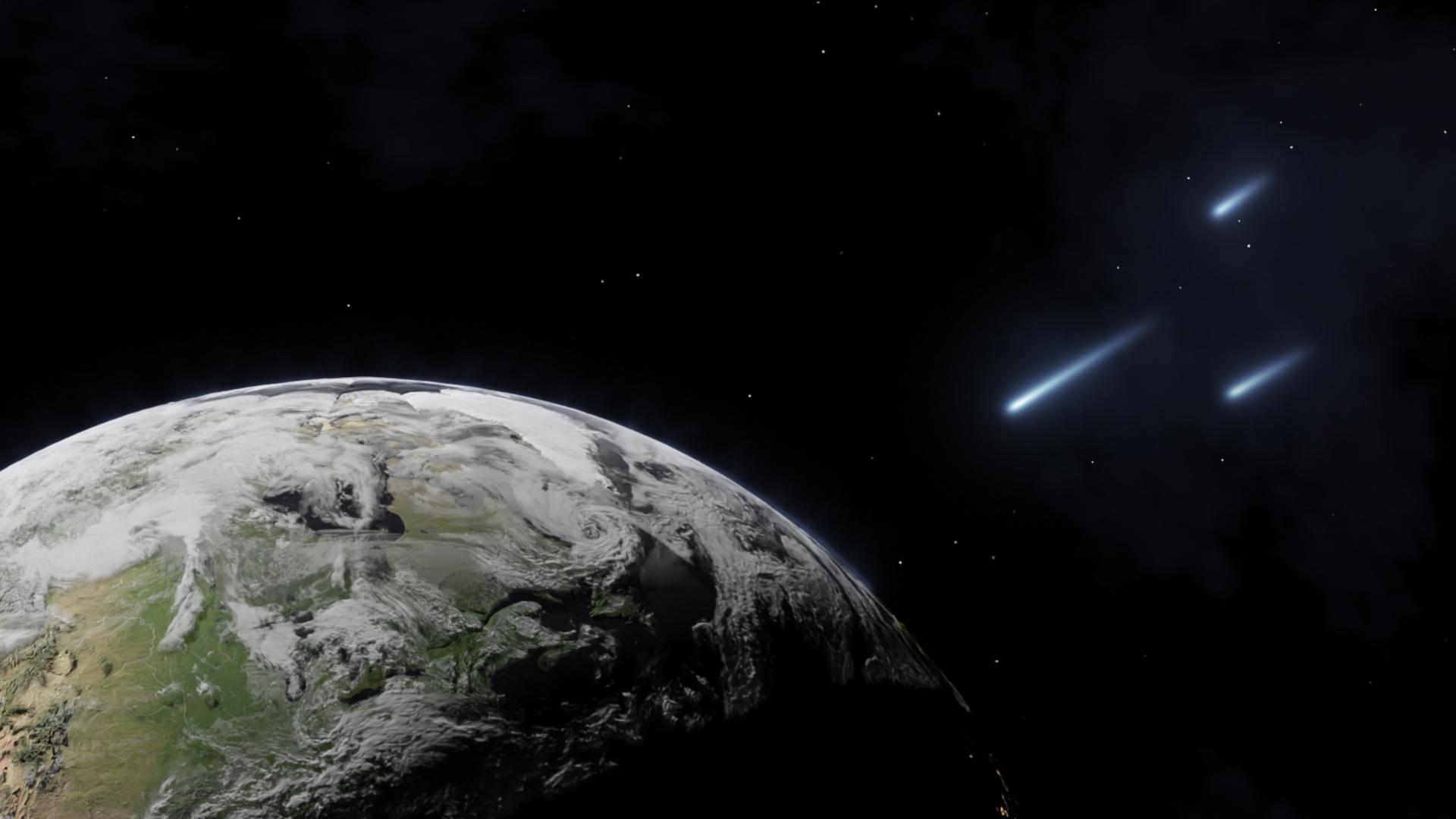 Drei Himmelskörper nähern sich der Erdkugel. 