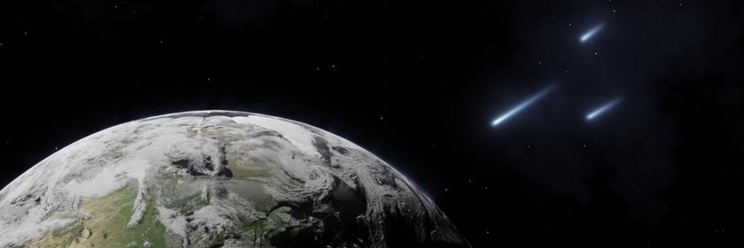 Drei Himmelskörper nähern sich der Erdkugel. 