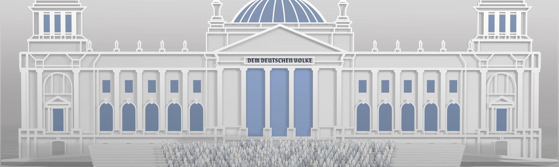 Eine schematische Darstellung des Bundestags inklusive der Inschrift "Dem deutschen Volke". Vor dem Bundestag ist eine Tribüne aufgebaut, auf der die Abgeordneten eingezeichnet sind. 