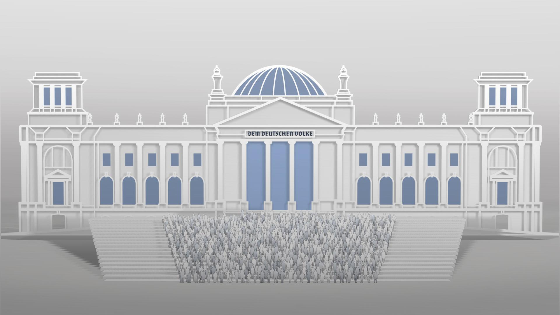 Eine schematische Darstellung des Bundestags inklusive der Inschrift "Dem deutschen Volke". Vor dem Bundestag ist eine Tribüne aufgebaut, auf der die Abgeordneten eingezeichnet sind. 