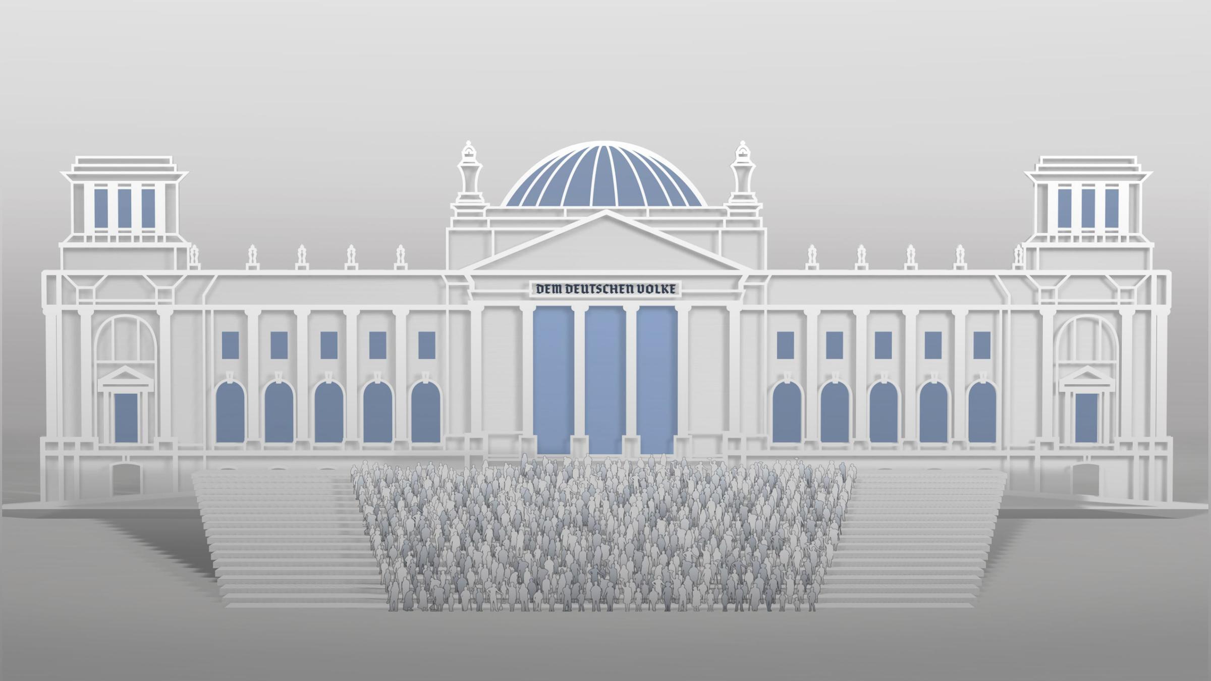 Eine schematische Darstellung des Bundestags inklusive der Inschrift "Dem deutschen Volke". Vor dem Bundestag ist eine Tribüne aufgebaut, auf der die Abgeordneten eingezeichnet sind. 