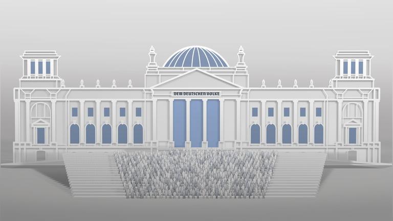 Eine schematische Darstellung des Bundestags inklusive der Inschrift "Dem deutschen Volke". Vor dem Bundestag ist eine Tribüne aufgebaut, auf der die Abgeordneten eingezeichnet sind. 