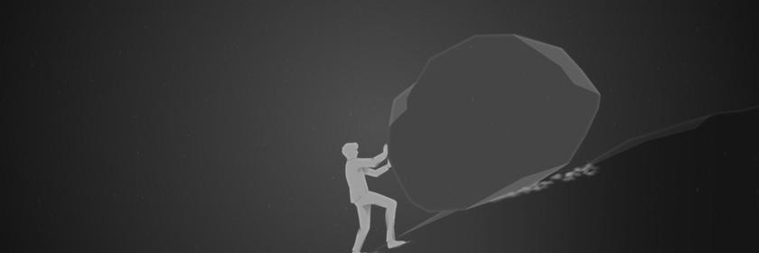 Die Zeichnung zeigt einen Mann, der mit dem Rücken zu einem Abgrund steht - und versucht, einen Stein aufzuhalten, der ihn Richtung Klippe drängt.