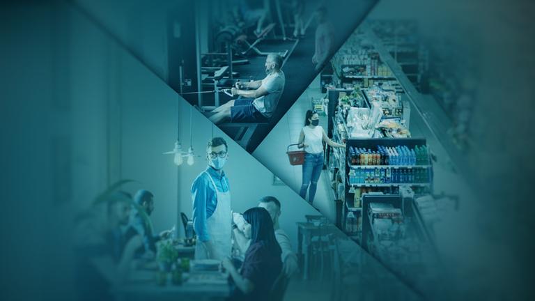 Wie hoch ist das Infektionsrisiko? Eine Studie hat verschiedene Szenarien untersucht. Das dreigeteilte Bild zeigt drei davon: ein Fitnessstudio, ein Restaurant und einen Supermarkt.