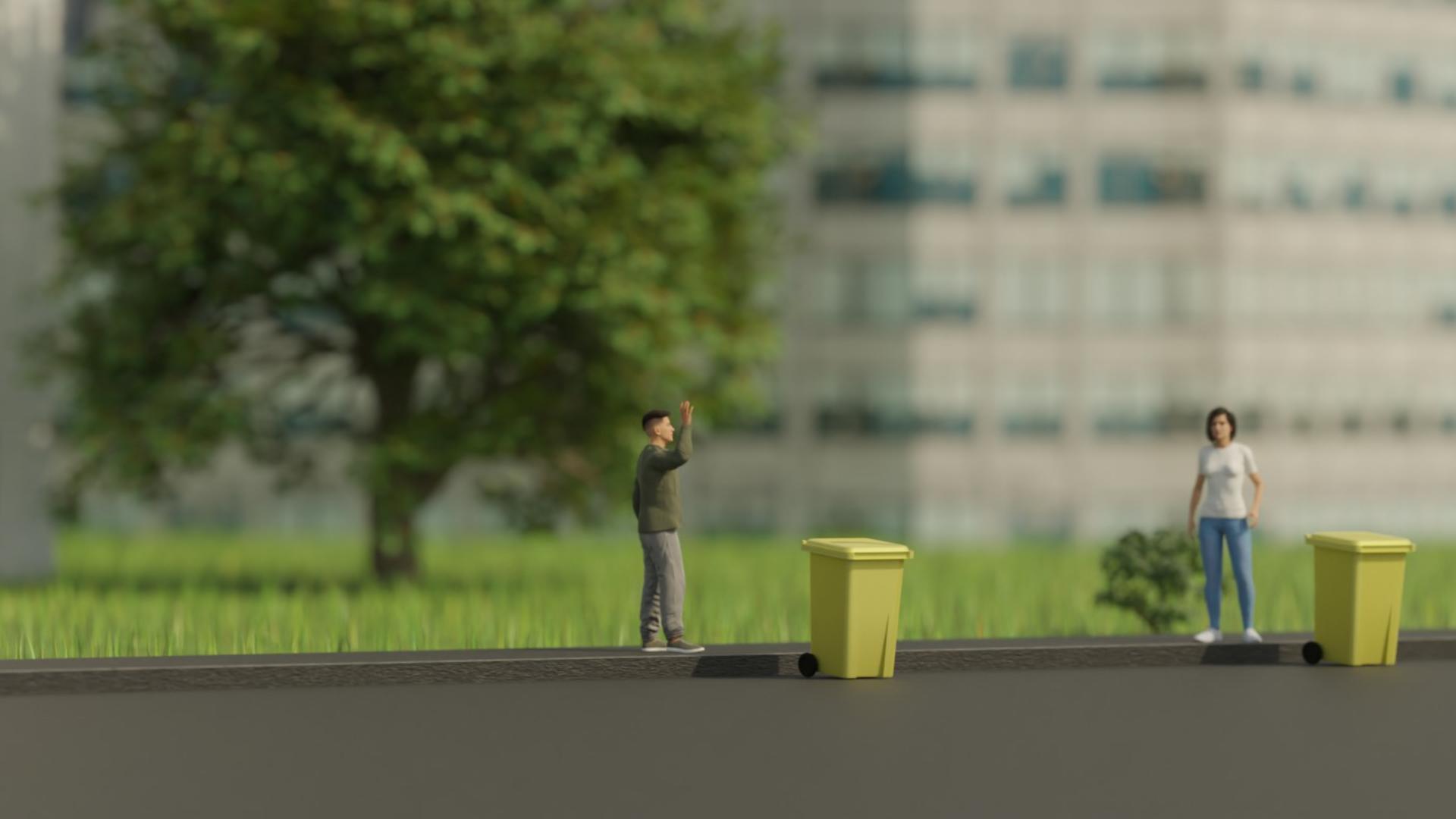 Symbolbild für die Story zum Thema wie Müll recycelt wird. Auf dem Bild sind zwei Personen zu sehen, die an einer gelben Tonne stehen. 