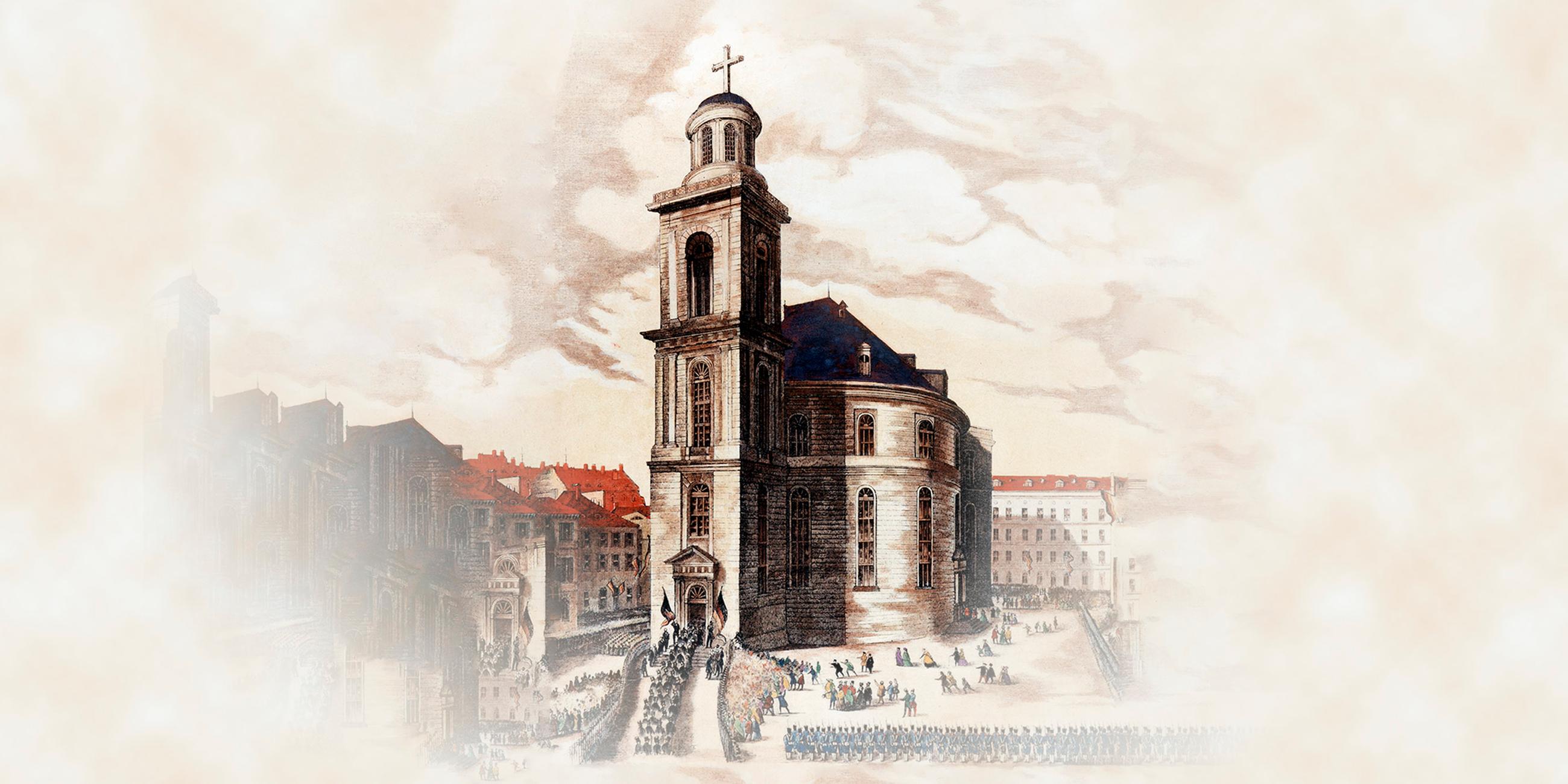 Der Einzug der Abgeordneten der Nationalversammlung in die Frankfurter Paulskirche am 18. Mai 1848.