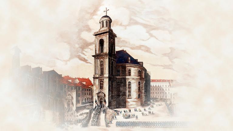 Der Einzug der Abgeordneten der Nationalversammlung in die Frankfurter Paulskirche am 18. Mai 1848.