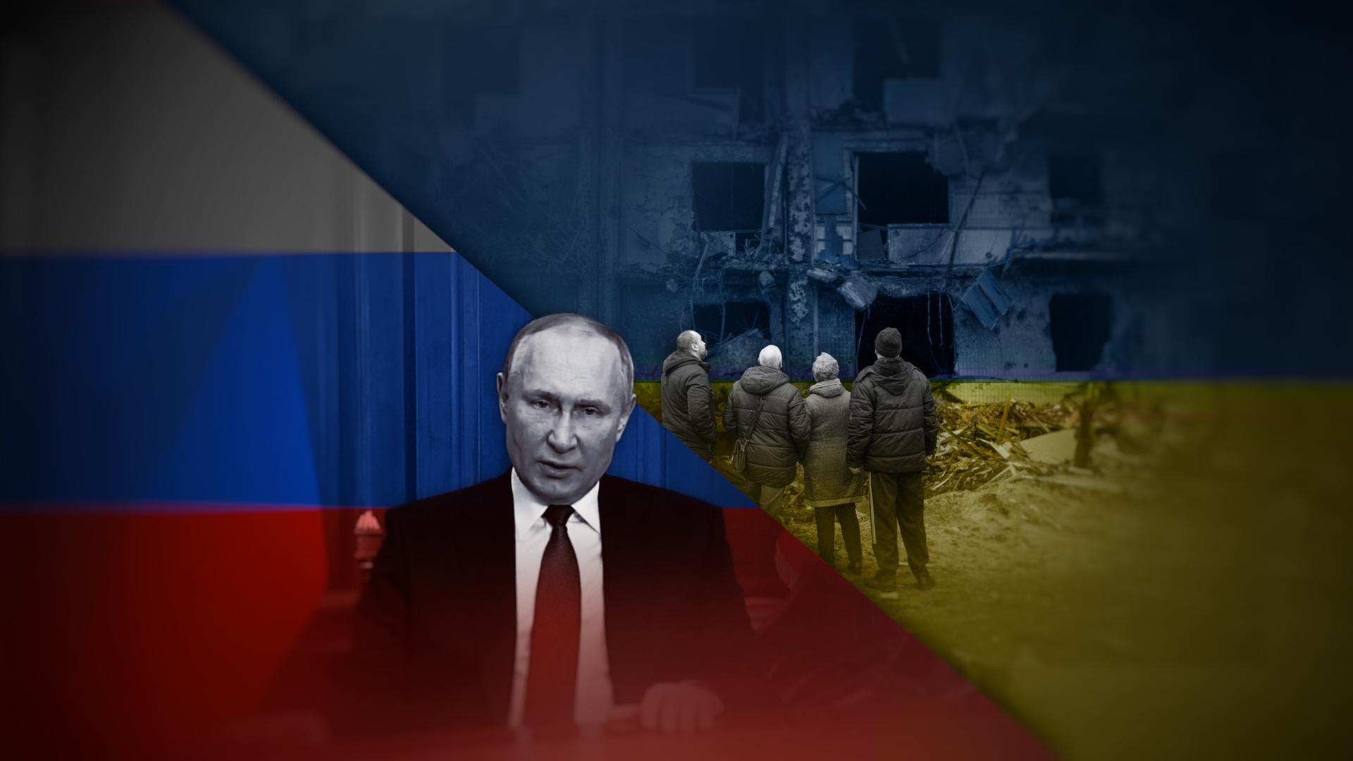 Die Montage zeigt in der linken Bildhälfte Russlands Präsidenten Wladimir Putin vor russischer Flagge. In der rechten Bildhälfte sind mehrere Menschen zu sehen, die vor einer zerstörten Häuserfassade stehen. Die rechte Hälfte ist in die Farben der ukrainischen Flagge getaucht.