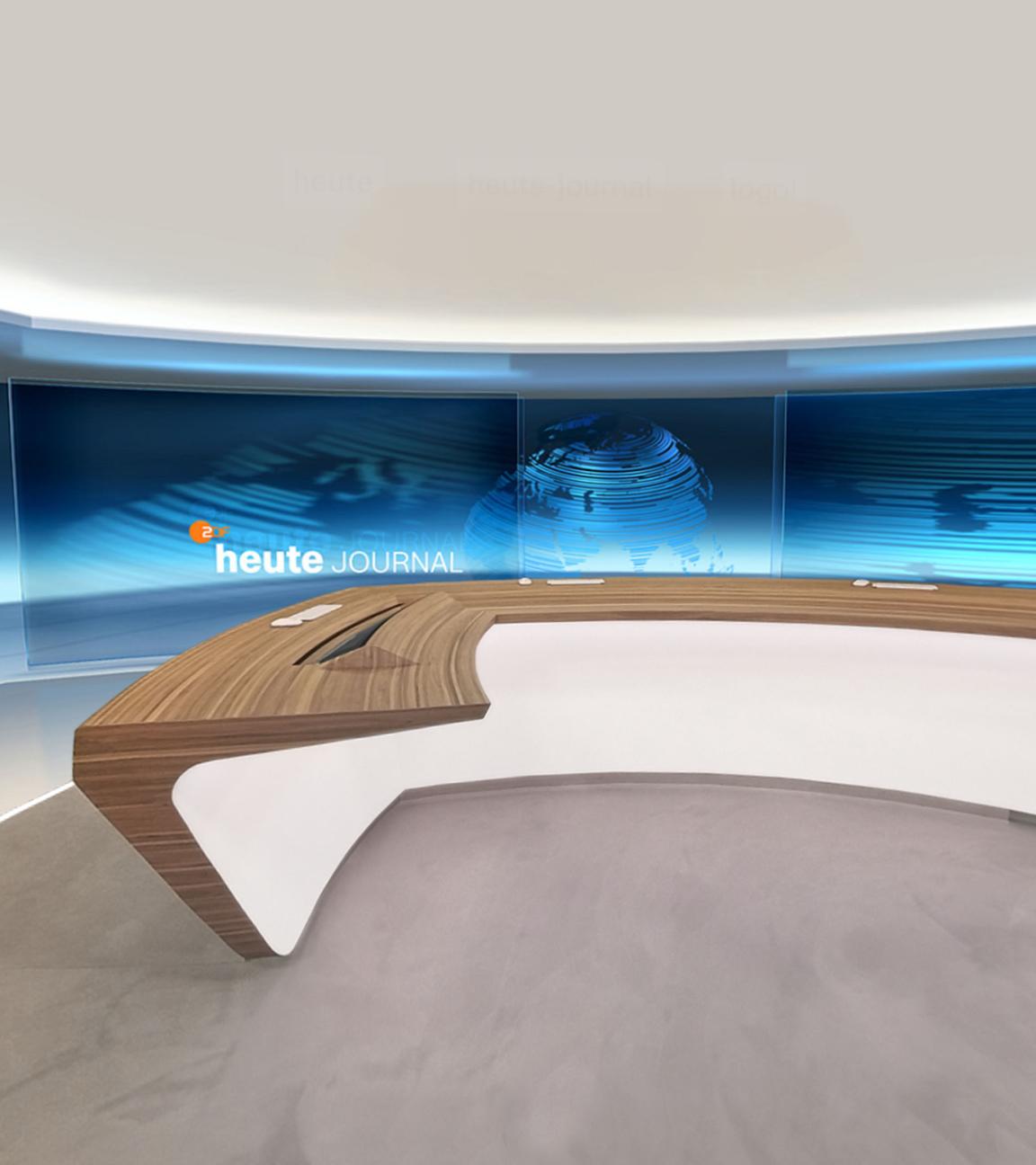 Das neue Nachrichtenstudio des ZDF: Im Mittelpunkt steht der neue Moderationstisch. Die Umgebung wird komplett digital erzeugt - und erhält dabei dank virtueller Glasscheiben eine neue Optik mit mehr Räumlichkeit.