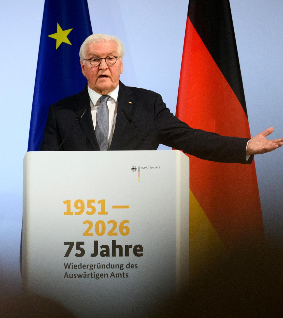 Bundespräsident Frank-Walter Steinmeier spricht bei der Jubiläumsveranstaltung "75 Jahre Wiedergründung des Auswärtigen Amtes" im Auswärtigen Amt am 24.03.2026 