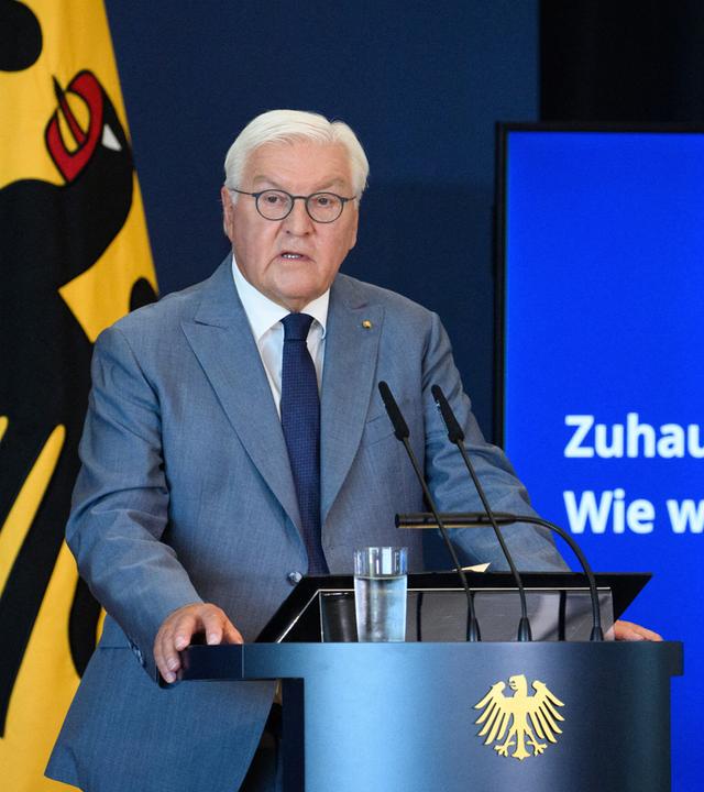 Bundespräsident Frank-Walter Steinmeier spricht bei der ersten Publikumsveranstaltung im neuen Amtssitz am Spreebogen, aufgenommen am 25.08.2026