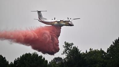 Frankreich: Marcheprime: ein Löschflugzeug wirft über den Bränden in der Region Bordeaux Löschmittel ab. 
