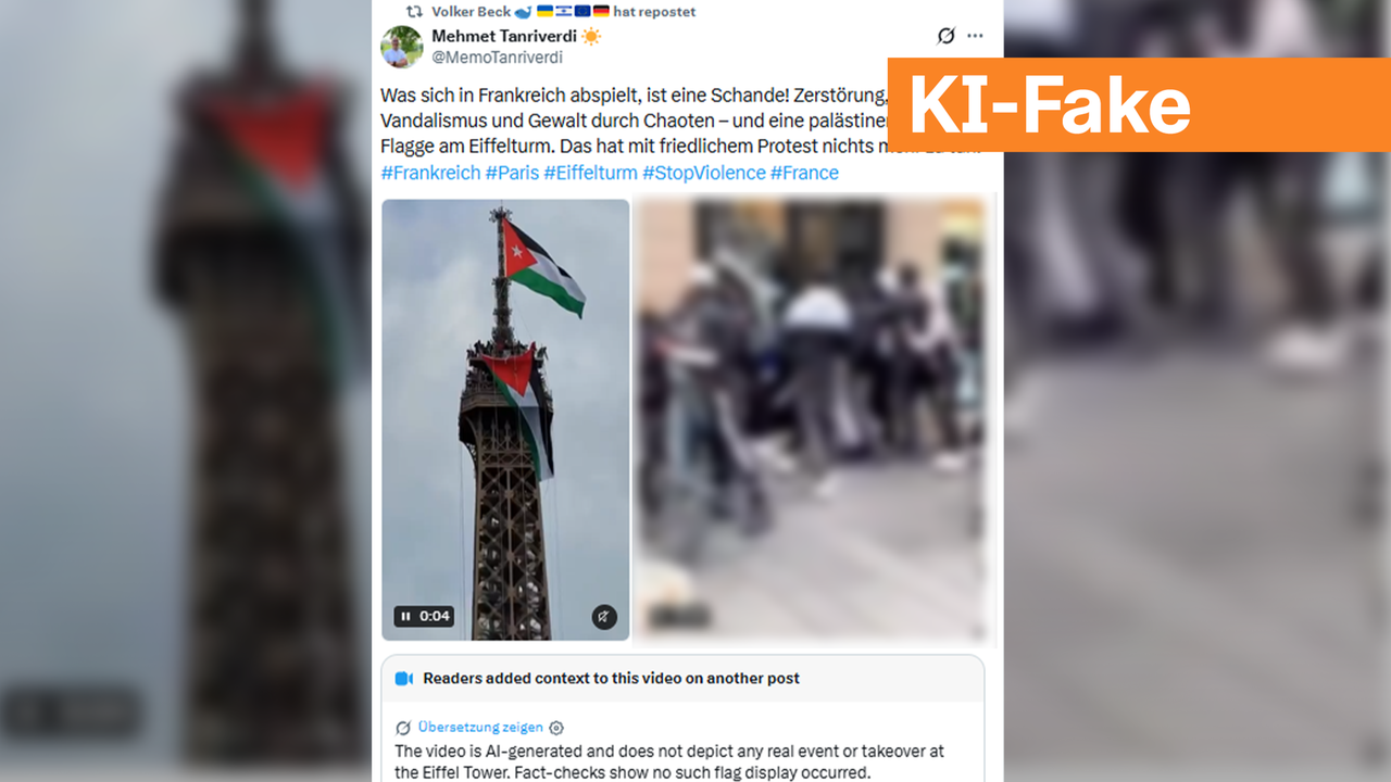 Auf dem Eiffelturm wird eine Flagge gehisst, die an die palästinensische oder jordanische erinnern soll. Doch sie weicht in Details von den echten Flaggen ab - das ganze Video ist KI-generiert.