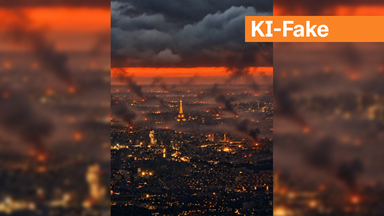 Dunkle Rauchschwaden hängen vor einem roten Himmel über Frankreichs Hauptstadt Paris. Ein Label kennzeichnet das Bild als KI-Fake.