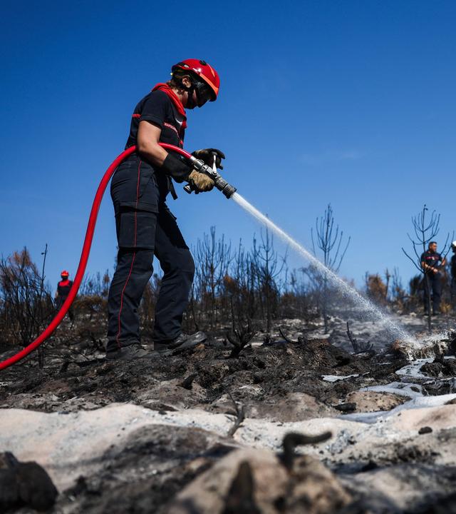 Ein Feuerwehrmann sprüht Löschschaum auf verkohlte Bäume und Pflanzen.