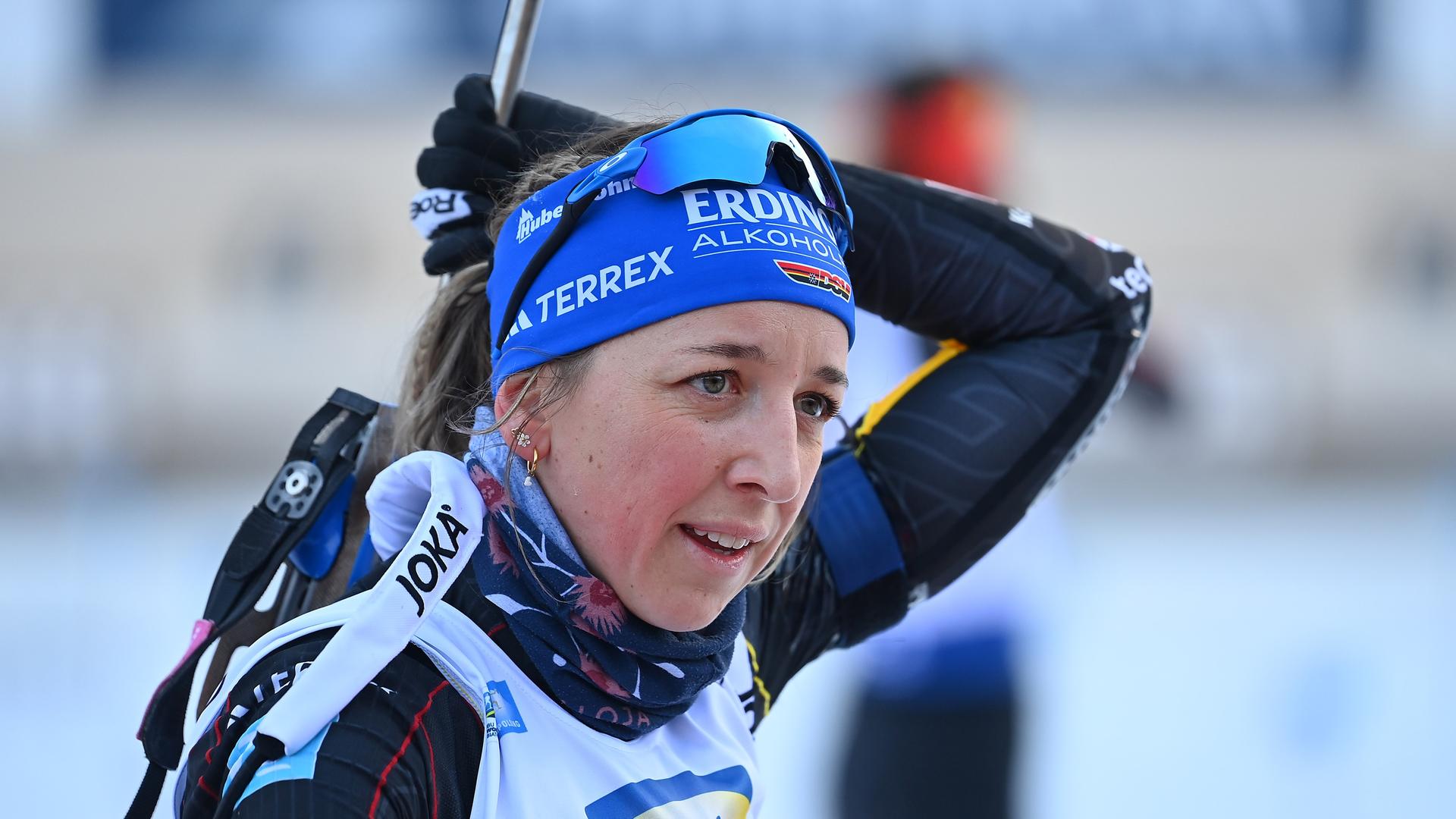Biathletin Franziska Preuss am Schiessstand bei dem IBU Biathlon Weltcup in Ruhpolding am 16.01.2026.
