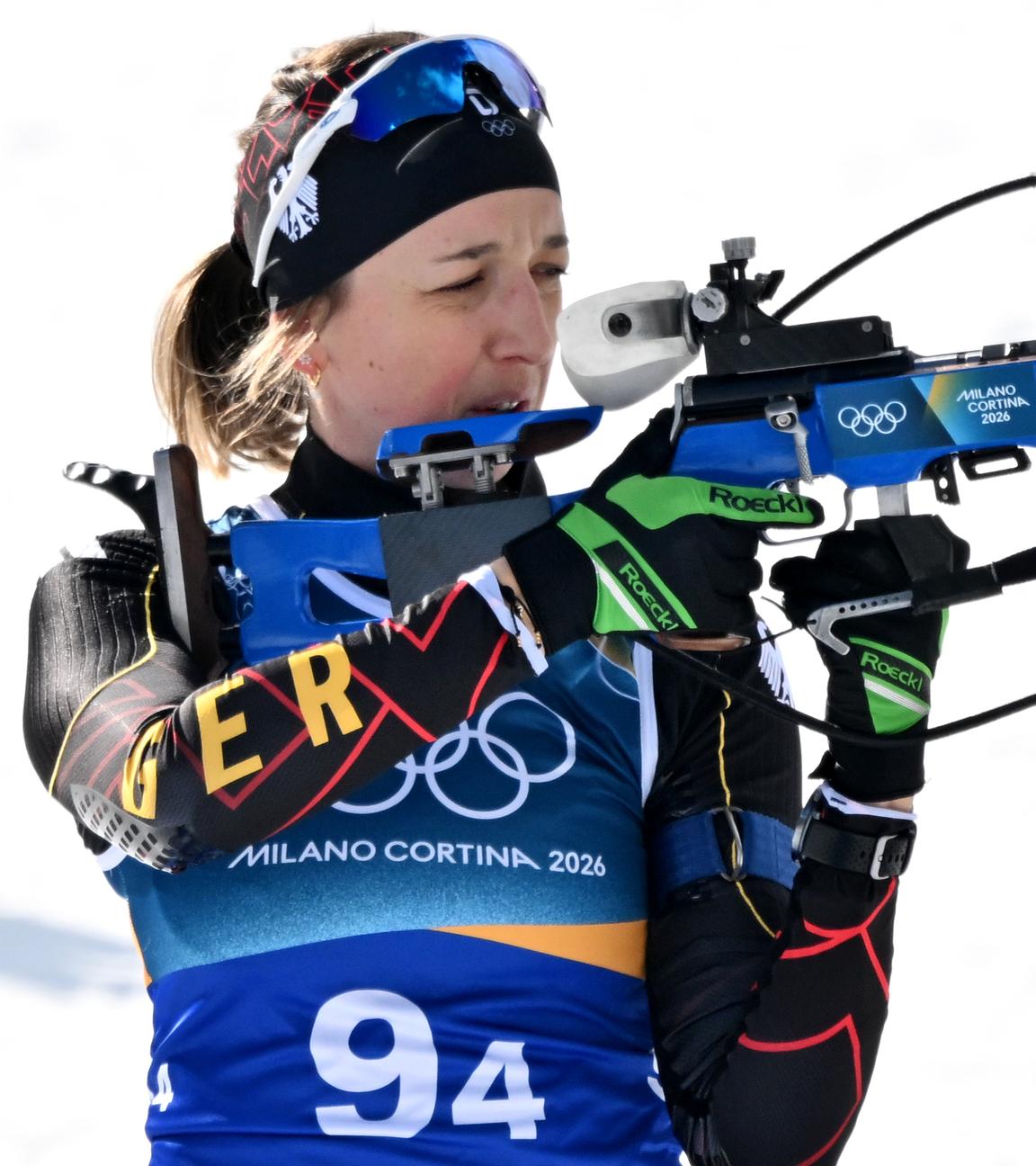 Franziska Preuss beim Anschießen vor dem Rennen am 08.02.2026 in Antholz.