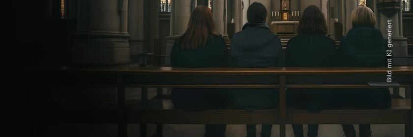 Vier Frauen sitzen in einer Kirche und schauen auf den Altar.