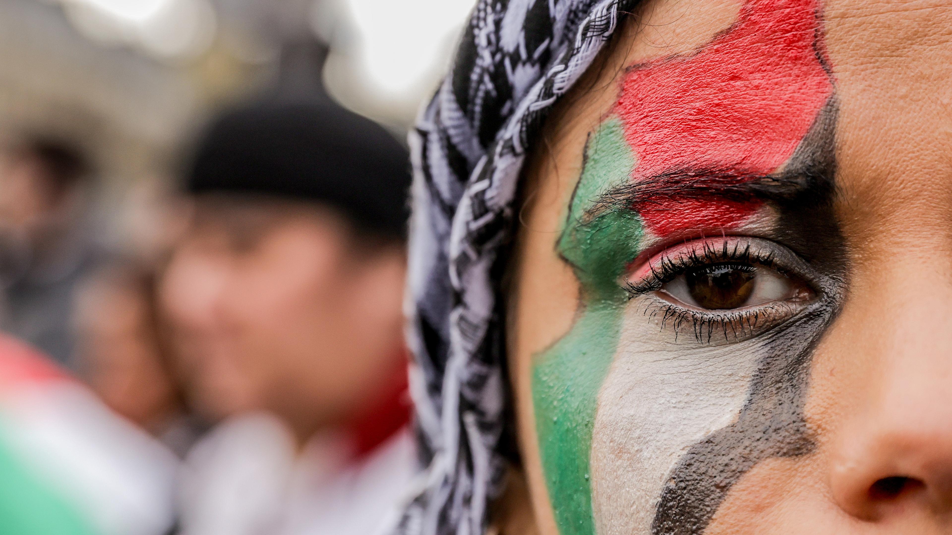 Frau mit Palästina-Flagge als Gesichtsbemalung