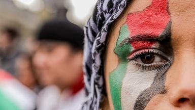 Frau mit Palästina-Flagge als Gesichtsbemalung