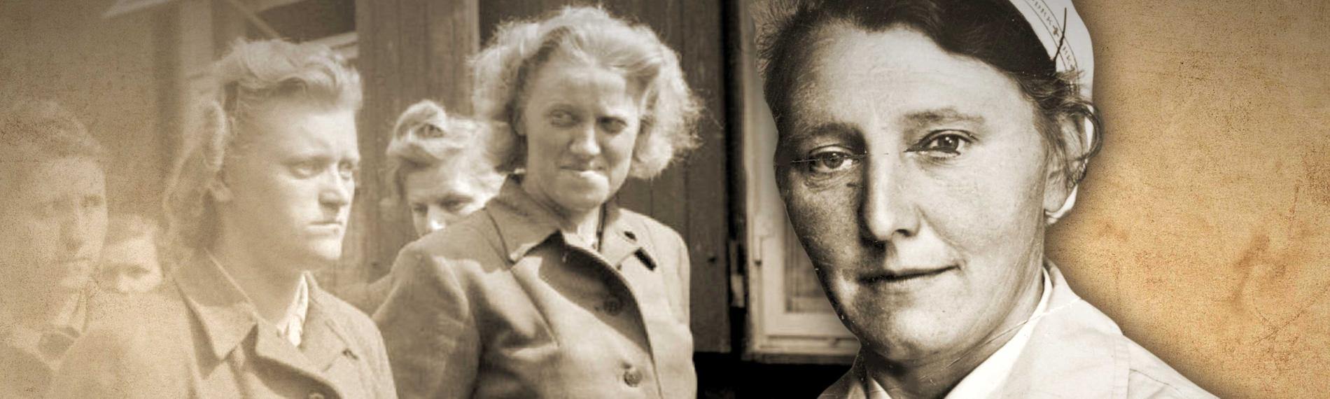 Montage: Rechts vorne ein Portrait von Grete Fock; auf der linken Seite eine Gruppe Aufseherinnen