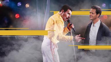 Jo Schück blickt auf ein Foto von Freddie Mercury 
