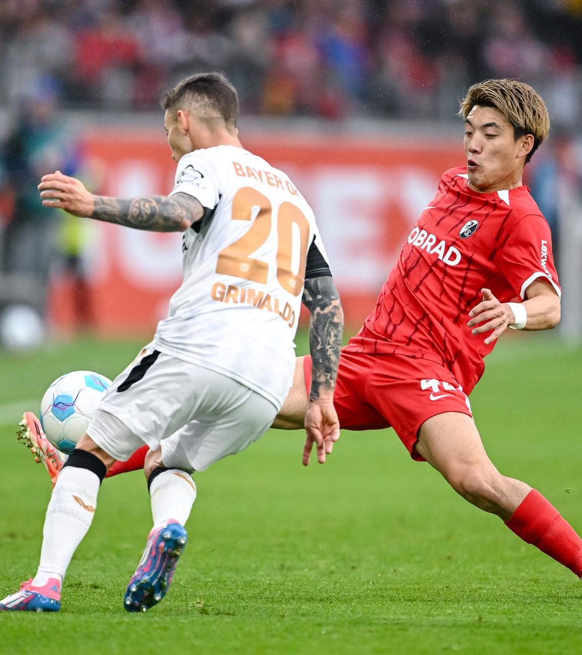Leverkusens Alejandro Grimaldo und Freiburgs Ritsu Doan kämpfen um den Ball.