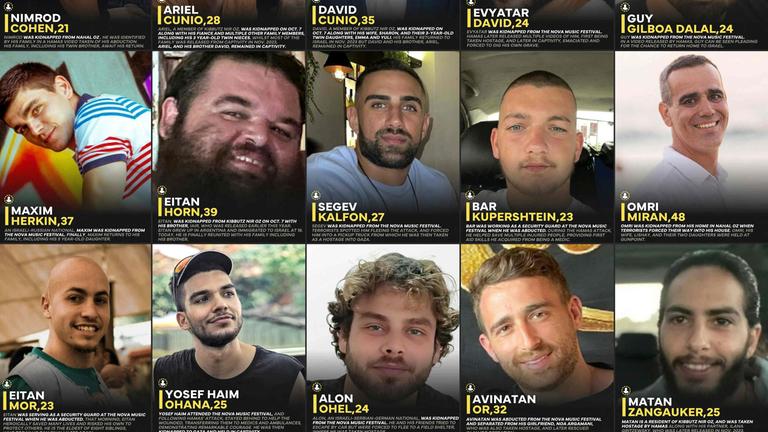 Eine Bildmontage zeigt die 20 israelischen Geiseln, die freigelassen wurden.