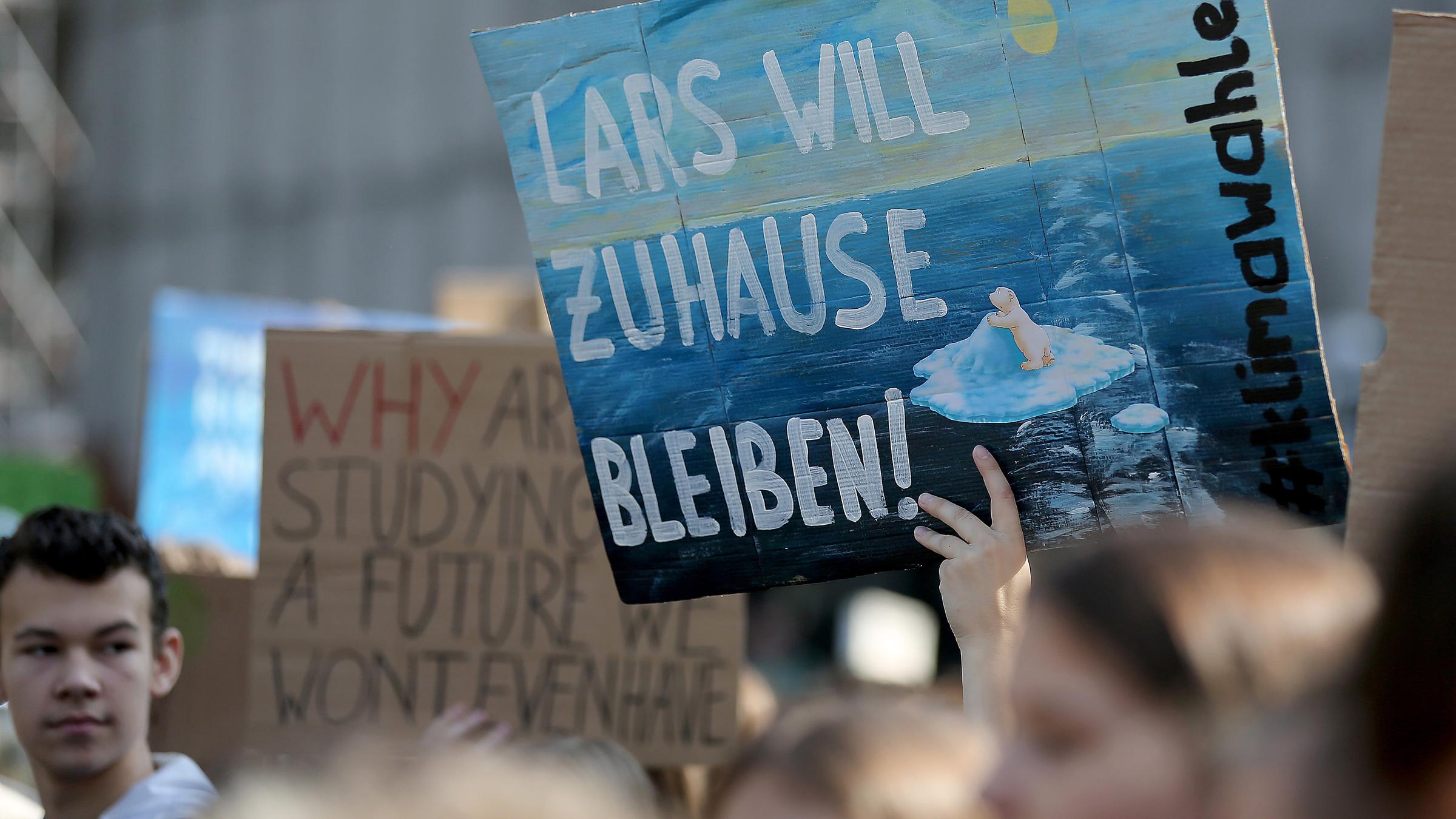 Schülerinnen und Schüler demonstrieren mit Protestplakaten bei Fridays for Future.