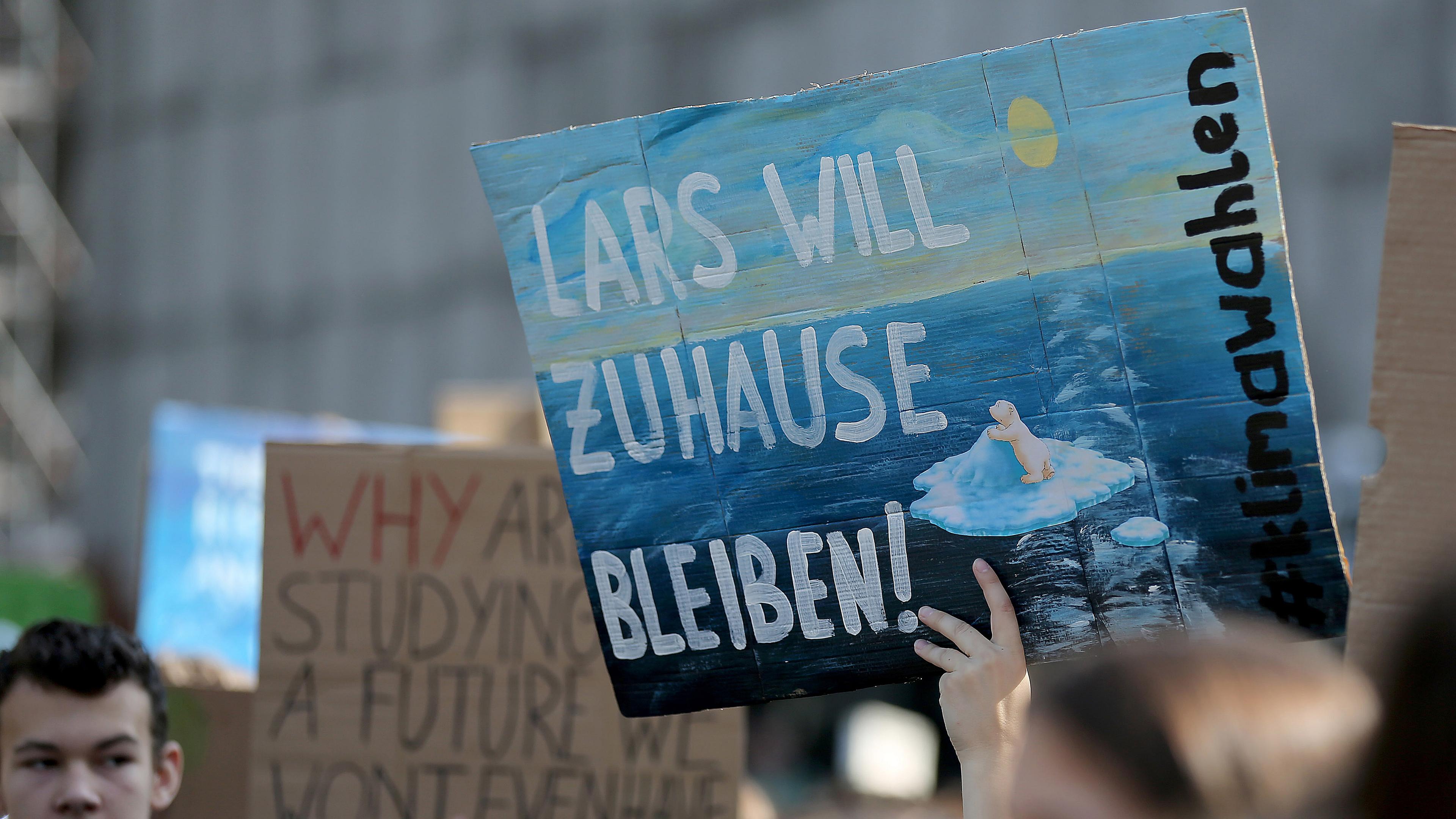 Schülerinnen und Schüler demonstrieren mit Protestplakaten bei Fridays for Future.