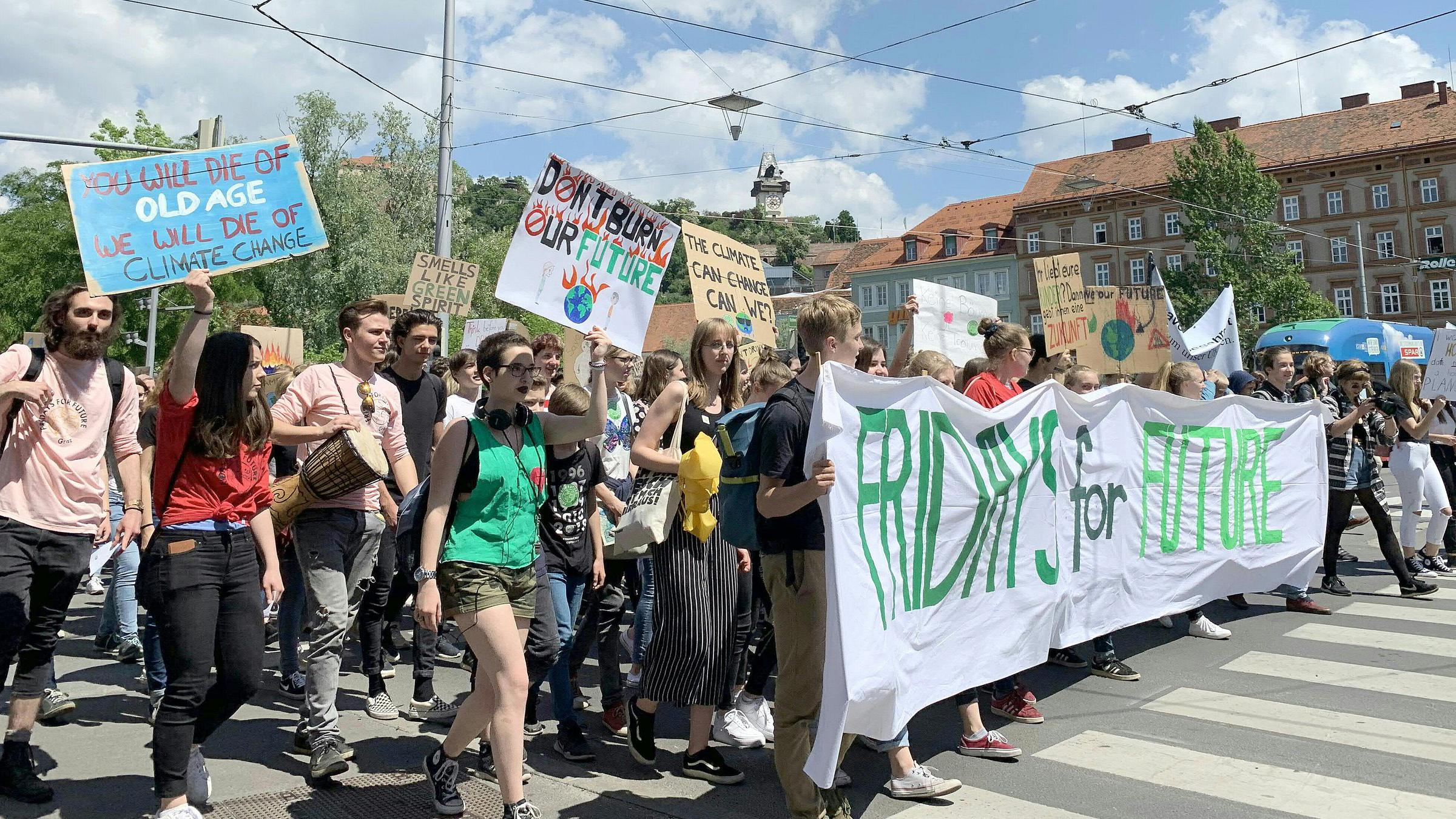 Schülerinnen und Schüler demonstrieren mit Protestplakaten bei Fridays for Future.