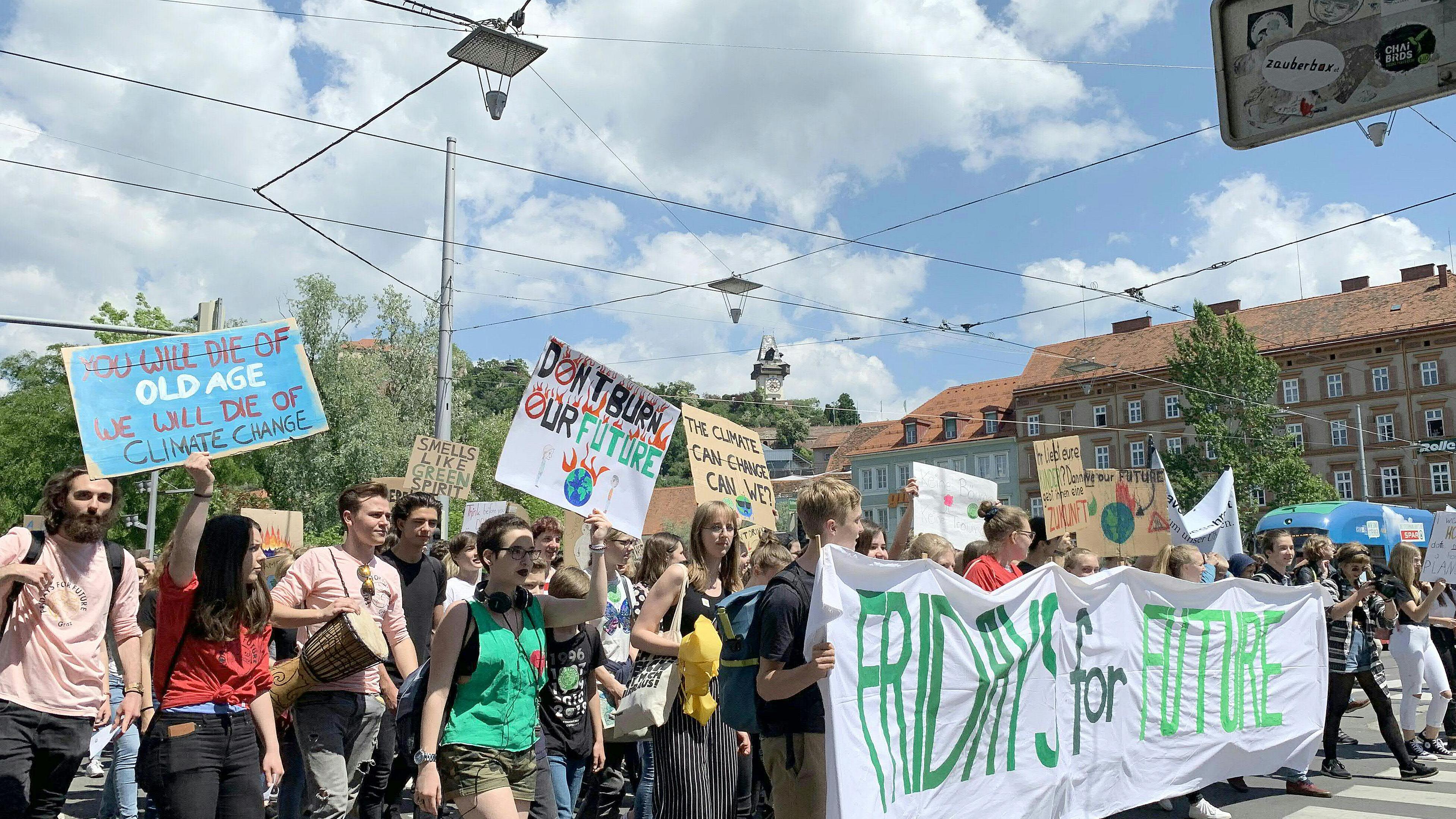 Schülerinnen und Schüler demonstrieren mit Protestplakaten bei Fridays for Future.