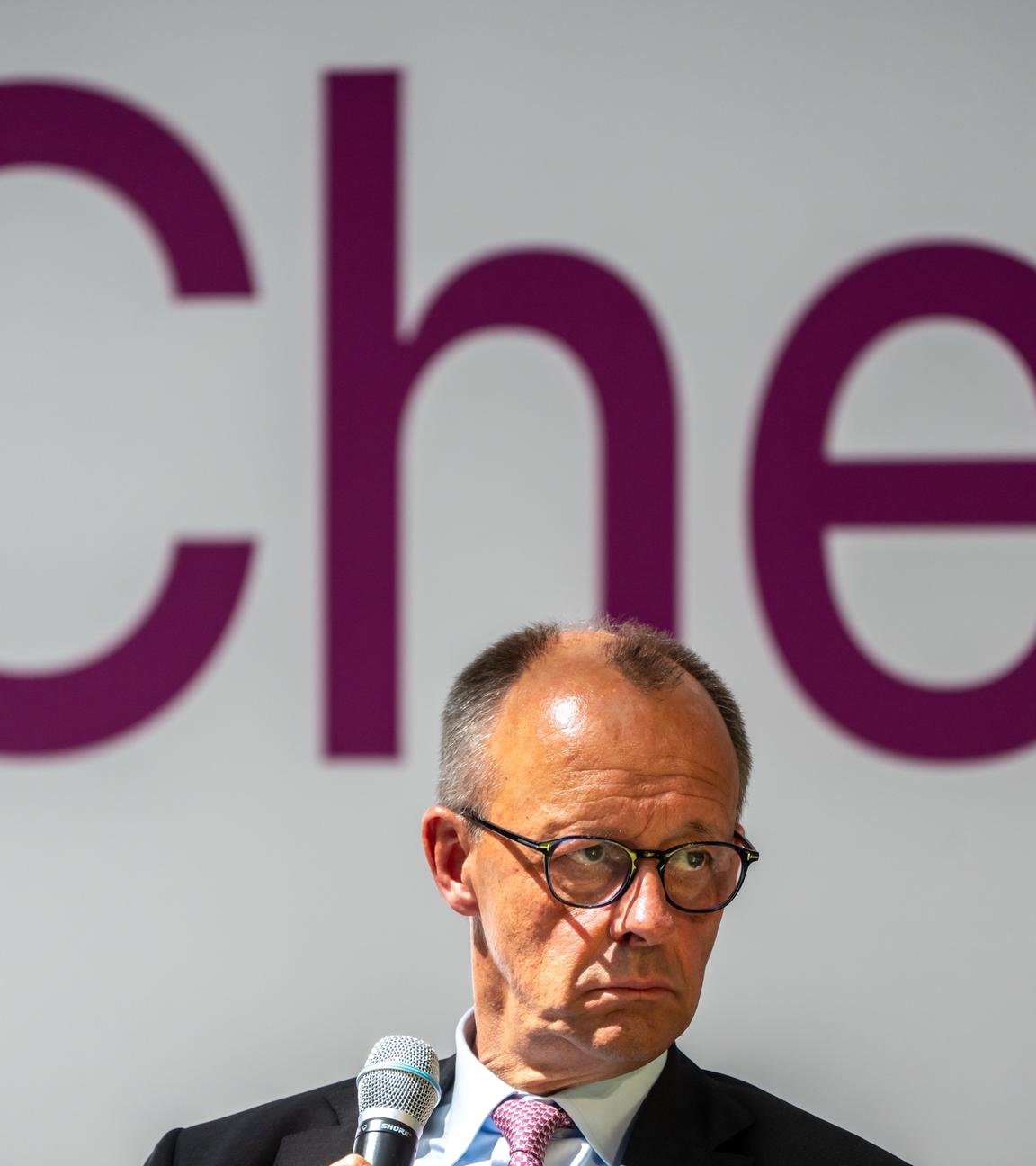 Friedrich Merz.Im Hintergund steht in pinker Farbe: Chef