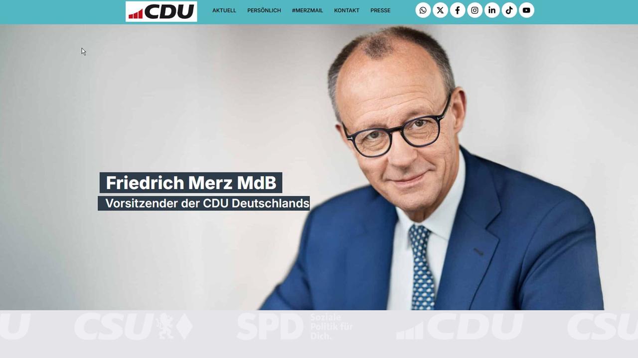Auf einer Website ist das Logo der CDU und ein großes Porträt von Friedrich Merz zu sehen.