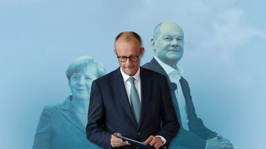 Friedrich Merz, CDU-Bundeskanzler, dahinter Angela Merkel (CDU) und Plaf Scholz (SPD)
